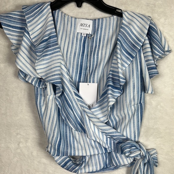 Misa Los Angeles Marah Blue White Stripe Ruffle Wrap Crop Linen Modal Top Blouse - Picture 9 of 16